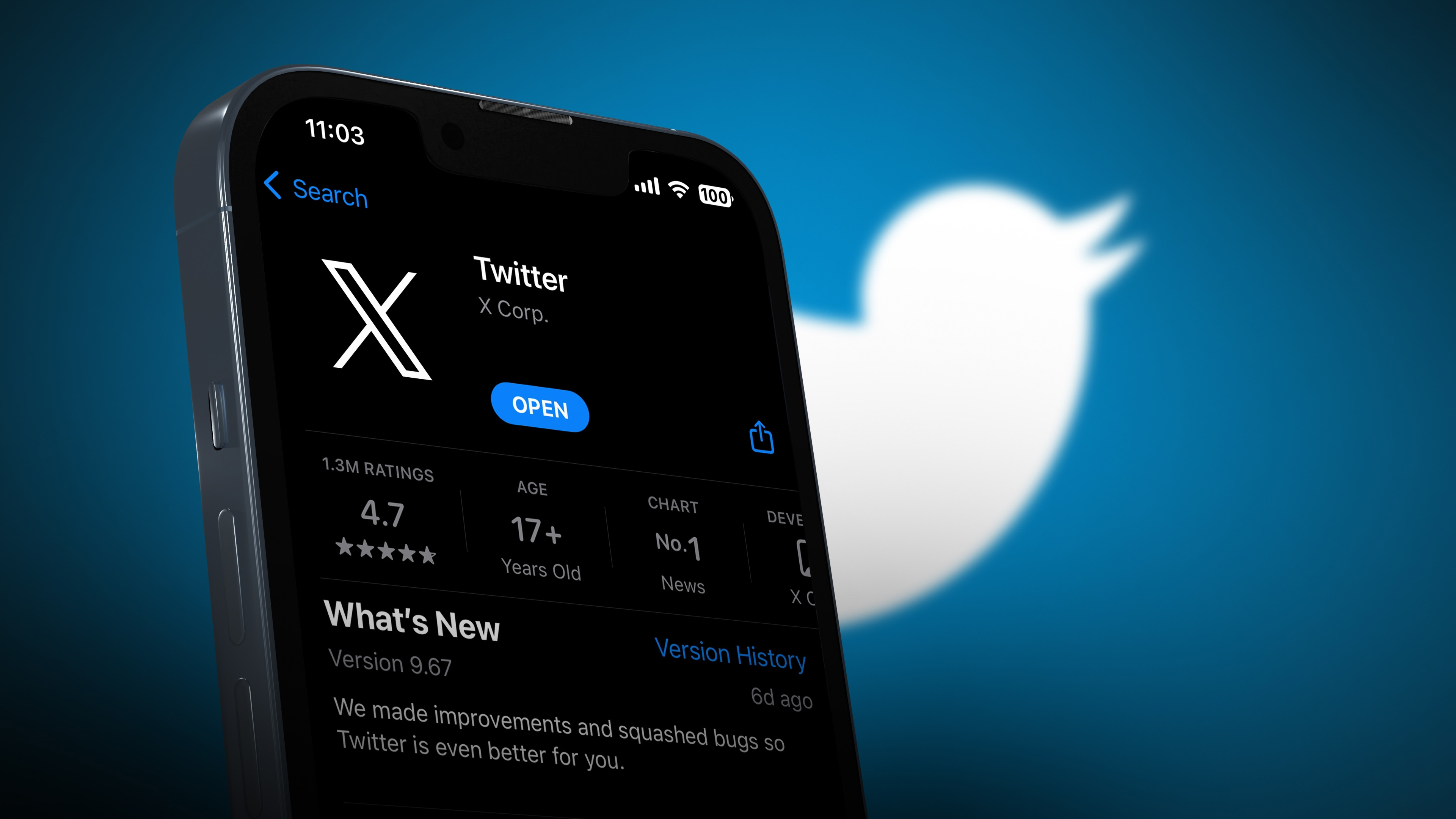 Twitterの鳥を背景に、スマホに新しいロゴXのAppstoreの画像。 TwitterはXでアプリのロゴを変更しました。Xの新しいソーシャルメディア。