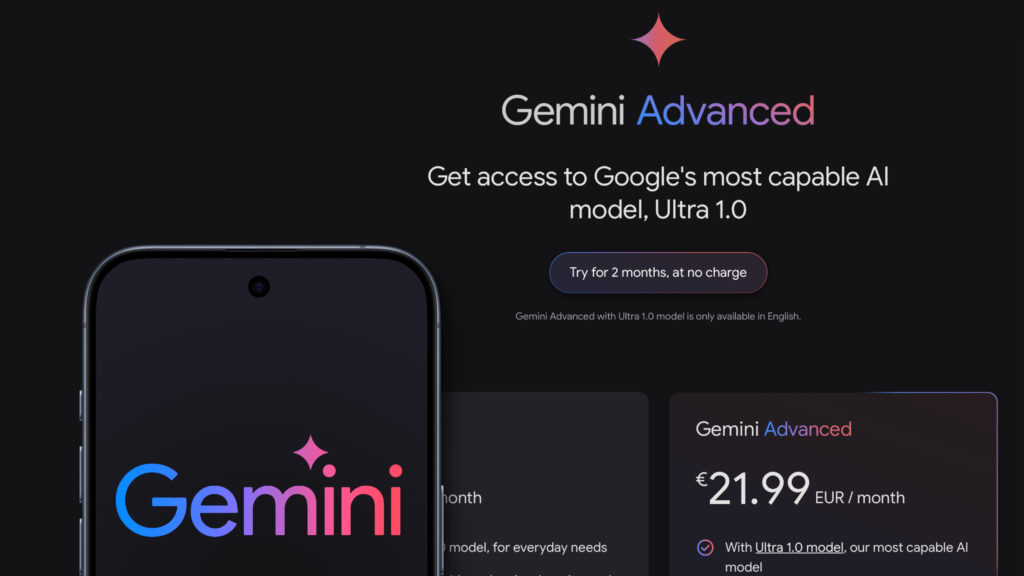 ジェミニのロゴが最新のスマートフォンに表示され、背景にはジェミニのウェブサイトがある。 Google DeepMindによって開発された人工知能、大規模な言語モデル、ジェミニ・アドバンスド・サブスクリプションモデル。