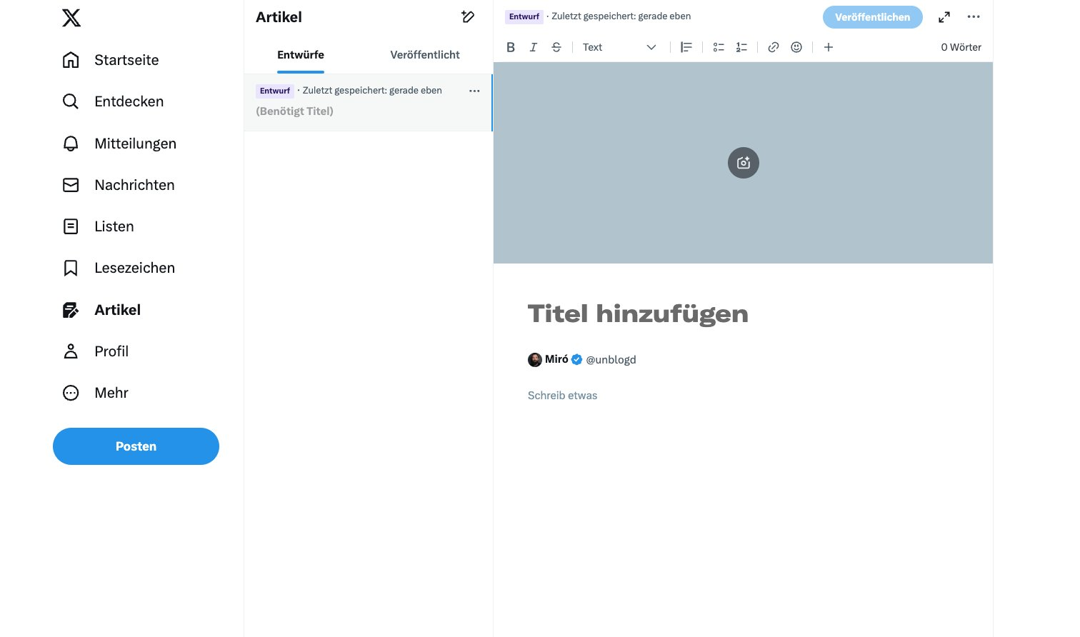 X(旧Twitter)の試験機能「Aricle」の画面。ブラウザーでブログを執筆して、X上に公開できる。