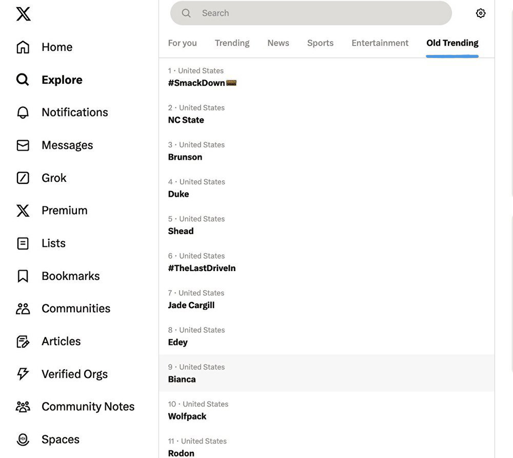 X(旧Twitter)のPC版検索ページのリーク画像。ランキング形式のトレンド機能が、Old Trendingとして表示されている。